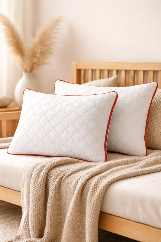 Sound Sleep Pillow Microfibre Sleeping Pillow Pack of 2 Geometric Pillow for Neck Pain Comfortable Relief for Back, Stomach, Side Sleepers 17x27In (White, Red)
