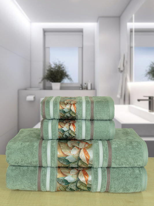Oriental Set of 4 Green 100% Cotton 450 GSM Towel Set