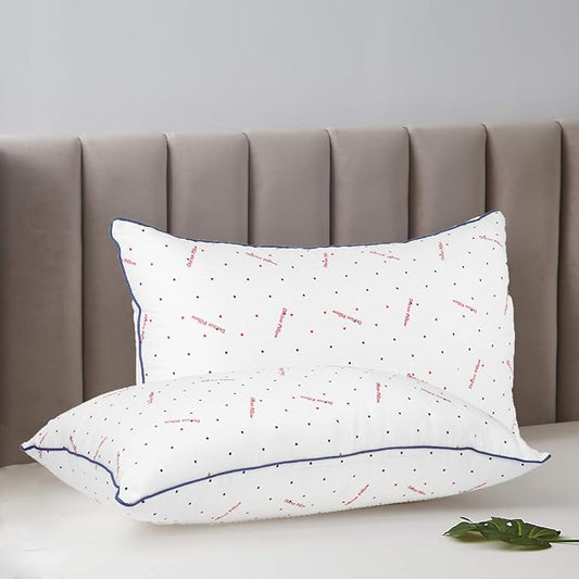 Sound Sleep Printed Dot Pillow – 17x27 Inches, Lightweight Polyester Shell, Blue Piping, Fun Dot & Text Print, Plush Microfiber Fill, All-Night Comfort (Set of 2)