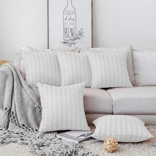 DADDY COOL Decorative 12x12 Inch White Stripe Polyester Cushions with Microfiber Filling | Soft Throw Pillows for Sofa, Bed | Square Sofa Cushion Set | Living Room Decor | Pack of 2