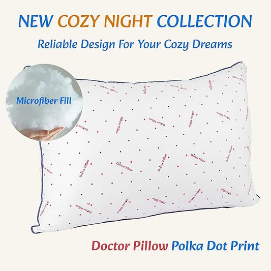 Sound Sleep Printed Dot Pillow – 17x27 Inches, Lightweight Polyester Shell, Blue Piping, Fun Dot & Text Print, Plush Microfiber Fill, All-Night Comfort (Set of 2)