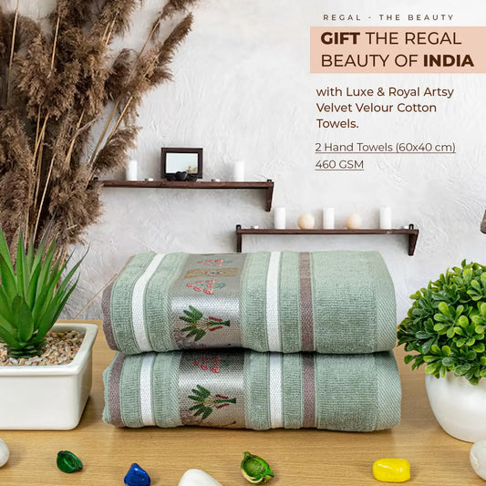 Rangoli 100% Cotton Regal Hand Towel | 460 GSM, Quick Dry, Ultra Soft, Highly Absorbent Printed Towel for Men & Women Luxury & Highly Absorbent Towels, Towel for Gym & Workout (Pack of 2)