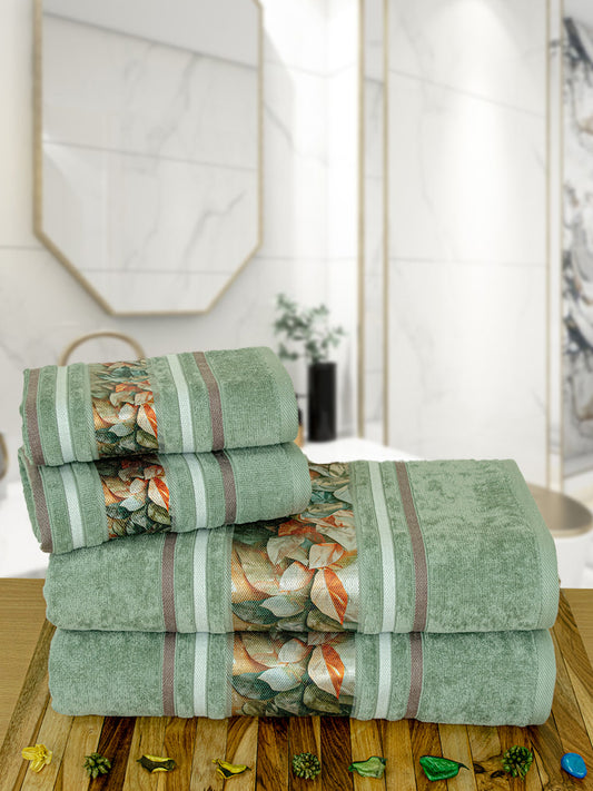 Oriental Set of 4 Green 100% Cotton 450 GSM Towel Set
